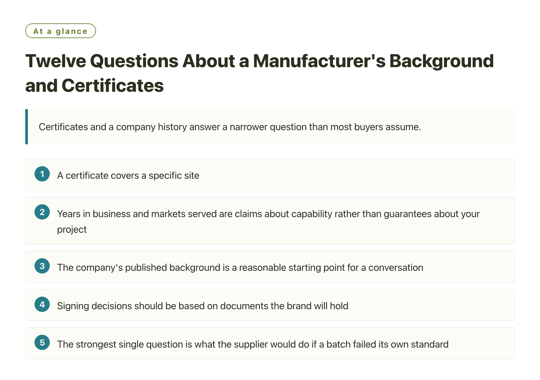 Twelve Questions About a Manufacturer&amp;#x27;s Background and Certificates——全文要点速览
