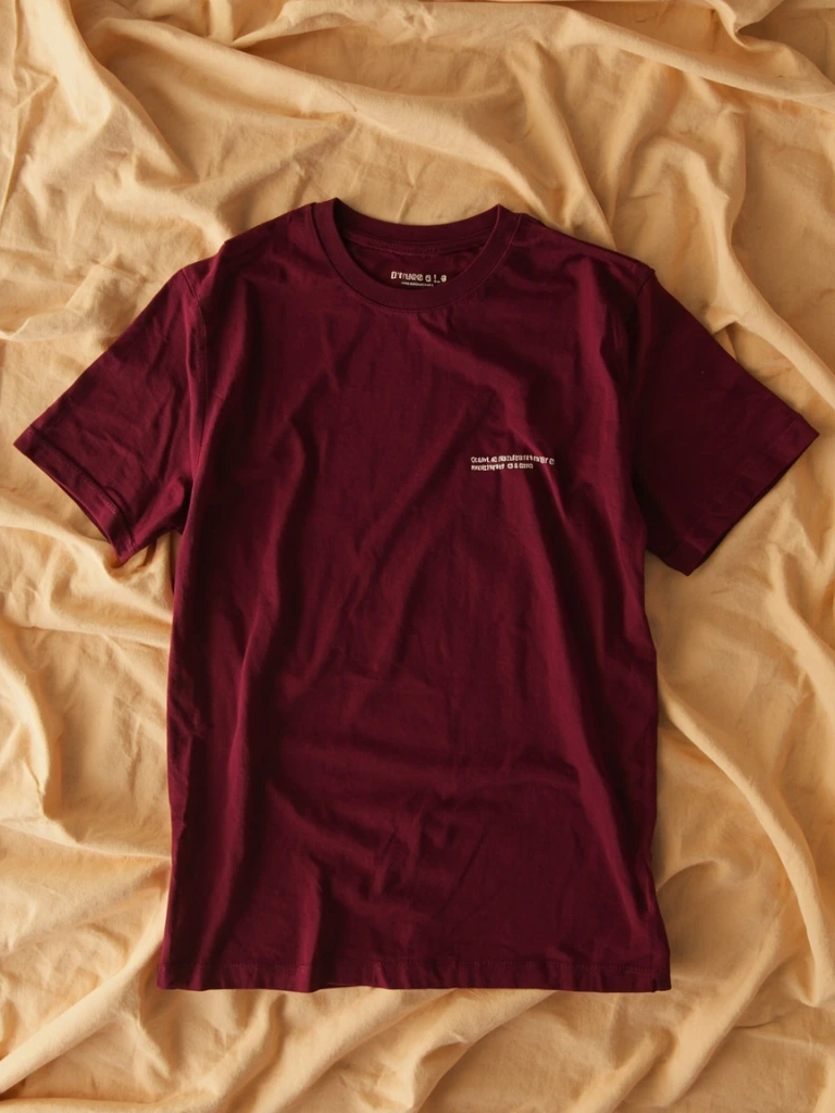 Burgundy tee with cream serif typography on a warm sweep
