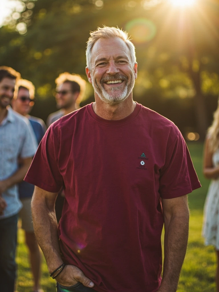 Burgundy tee worn at a backyard cookout