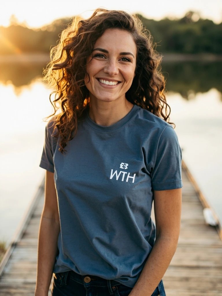 Slate-blue tee worn on a quiet dock
