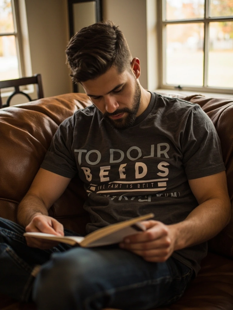 Charcoal tee worn reading to a child on a couch