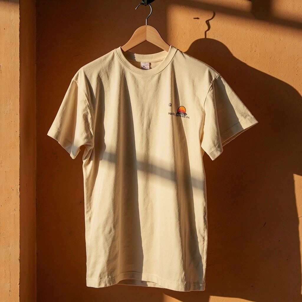 Oatmeal Be Still tee on a wooden hanger