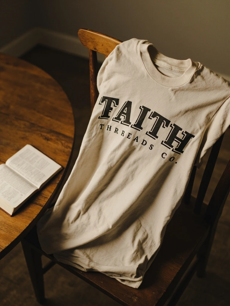 Oatmeal tee draped on a chair beside an open Bible