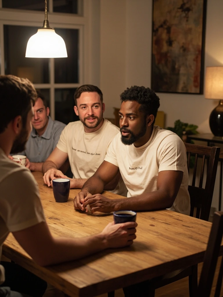Small group around a dining table in matching Faith Threads Co. shirts.