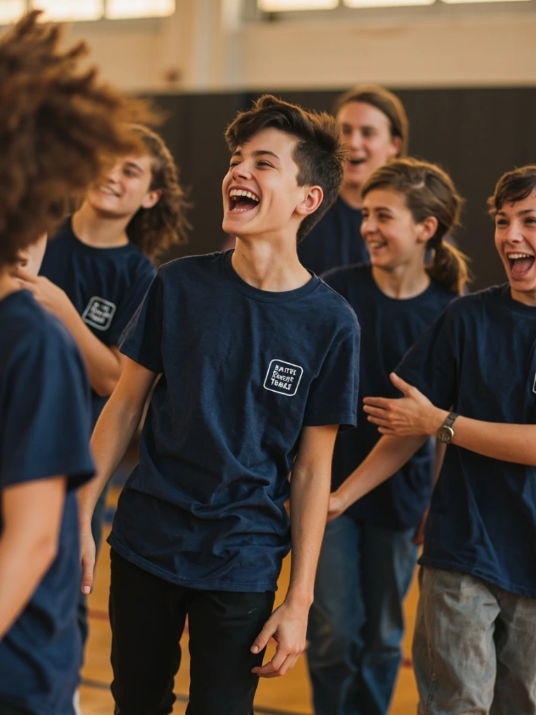 Youth ministry wearing matching navy Faith Threads Co. shirts in a church gym.