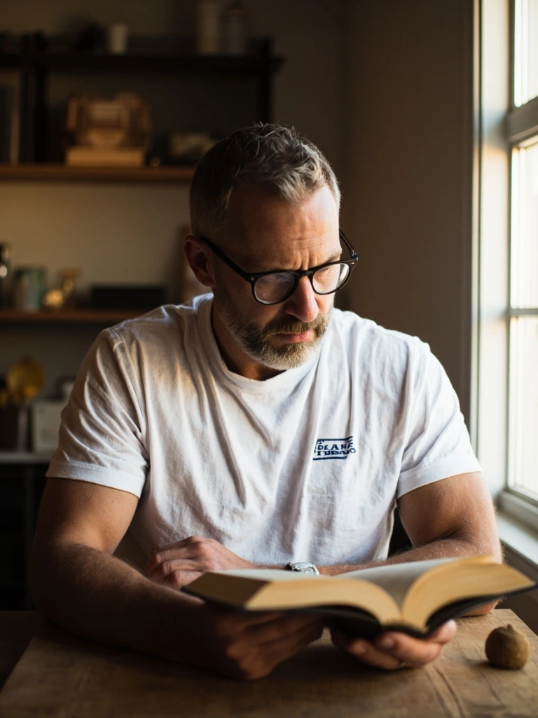 Man reading at a table wearing the Be Still tee
