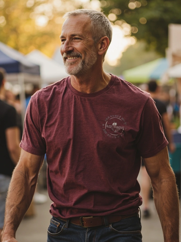 Man walking through a market in the Walk by Faith tee