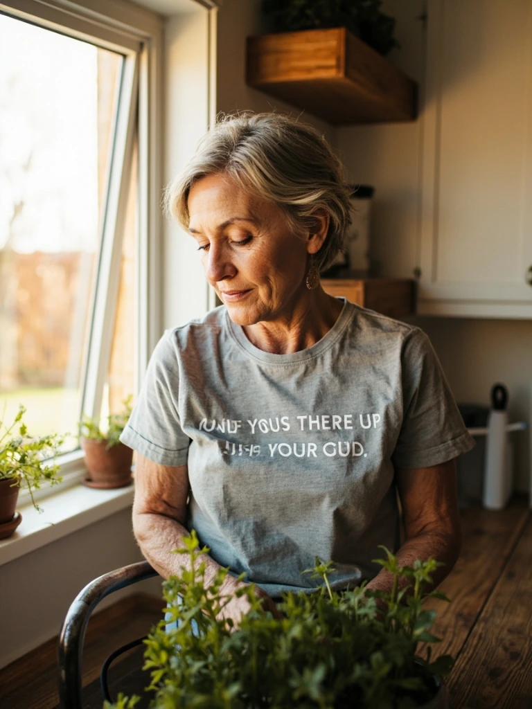 Woman at a kitchen window wearing the Rooted tee