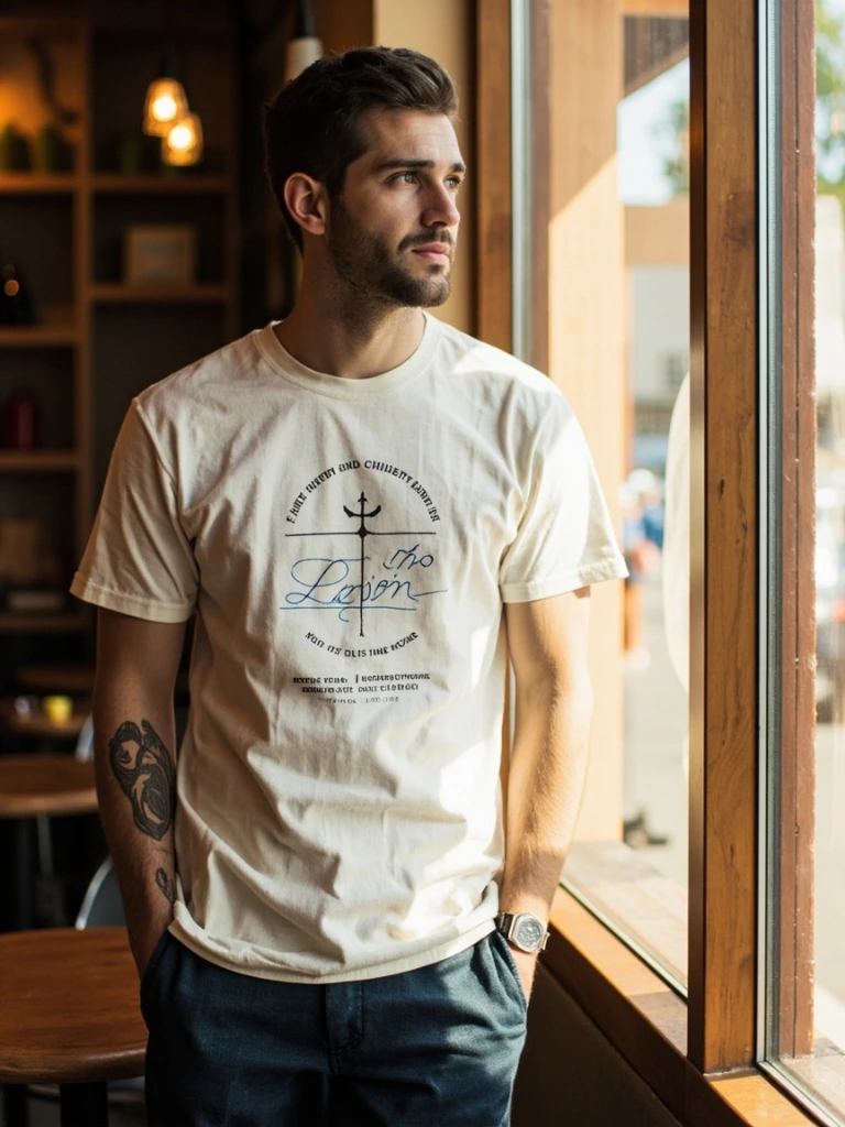 Model wearing the It Is Finished tee in a sunlit coffee shop