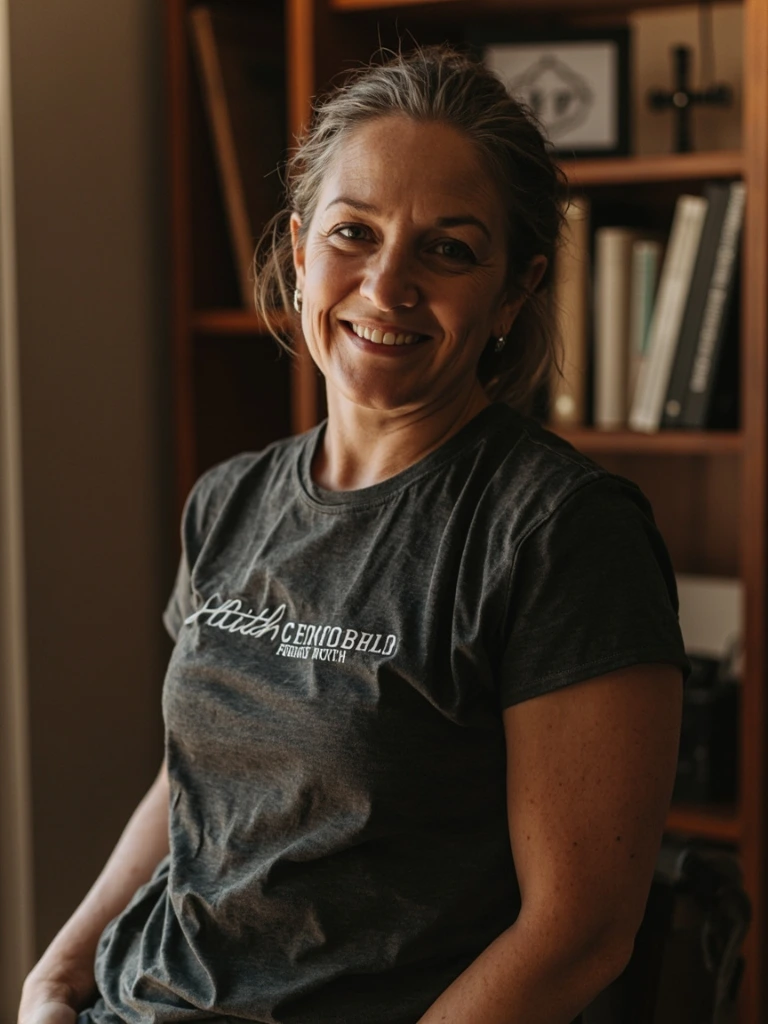 Woman wearing the Romans 8 tee in a home office