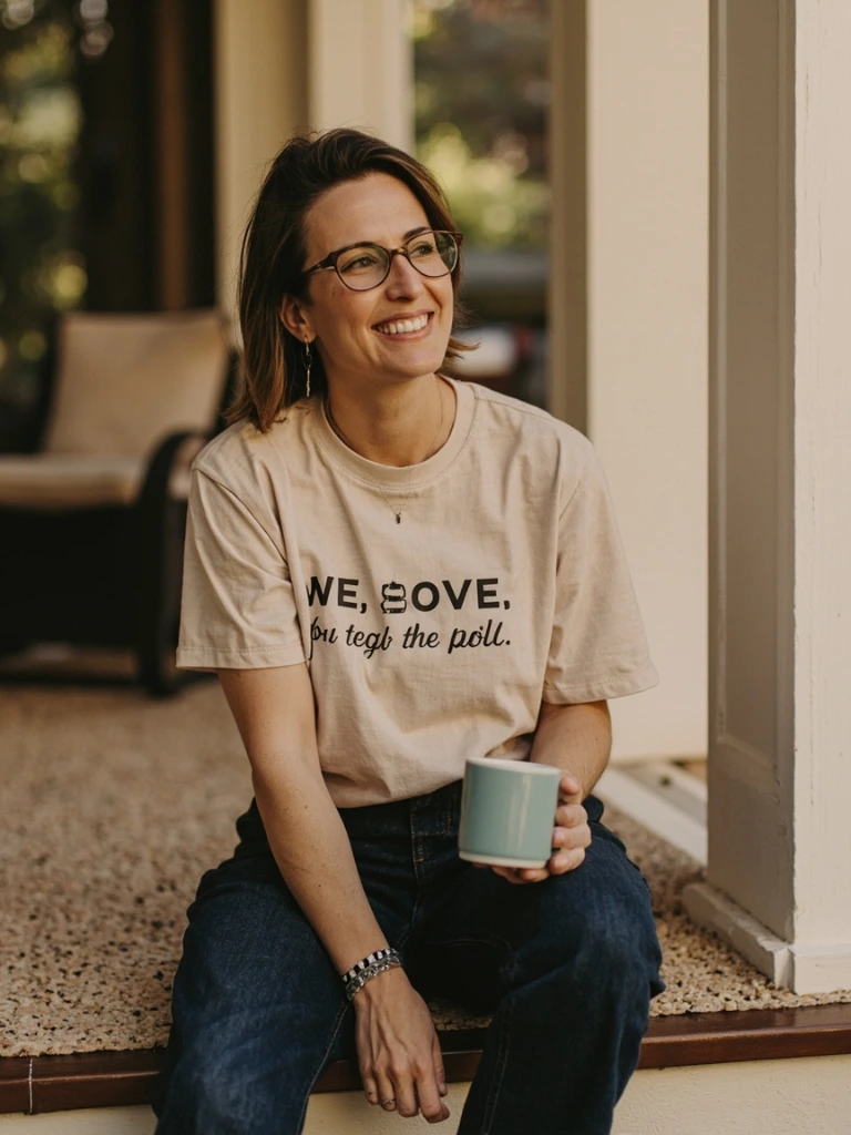 Woman wearing the He Leadeth Me tee on a porch