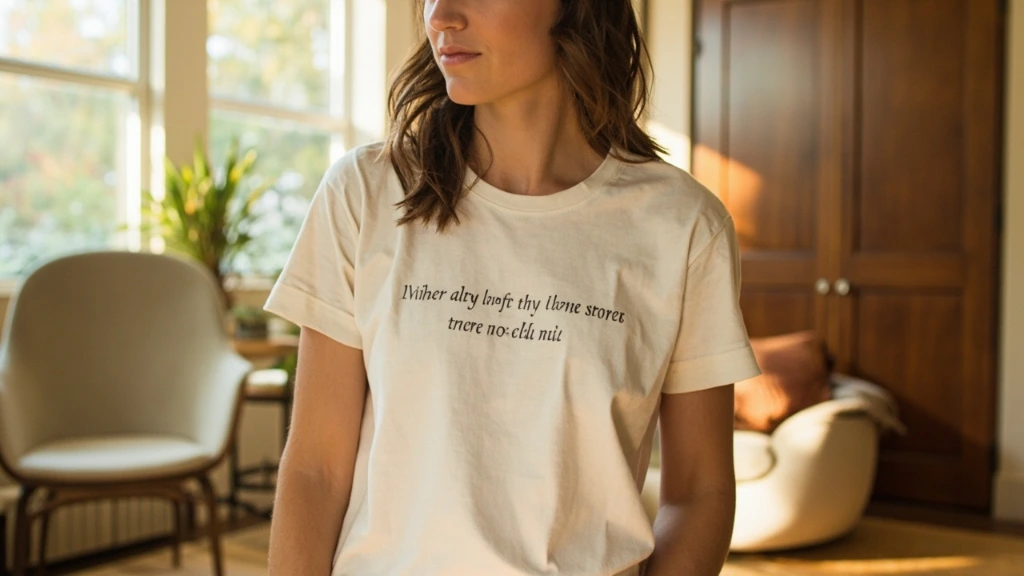 Woman in her 30s wearing a premium scripture t-shirt in a sunlit Nashville living room
