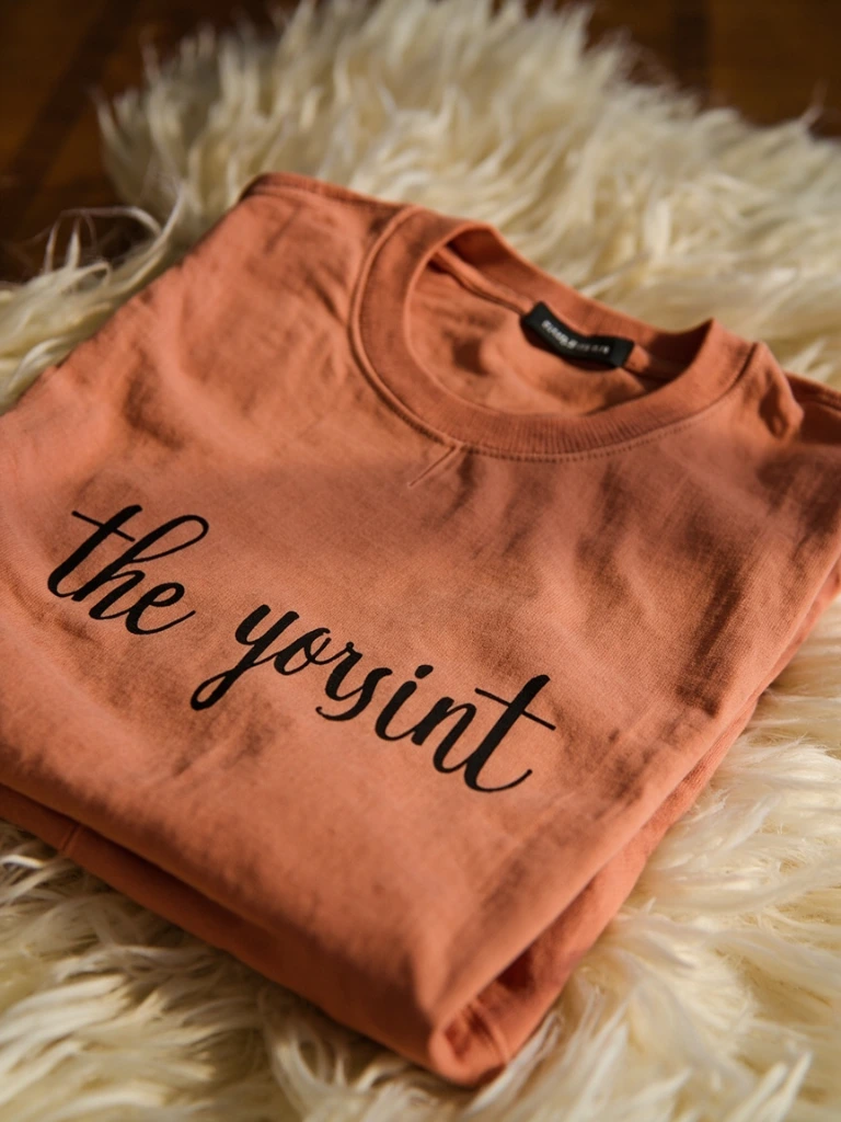 Proverbs 31 scripture tee in terracotta folded on a cream rug