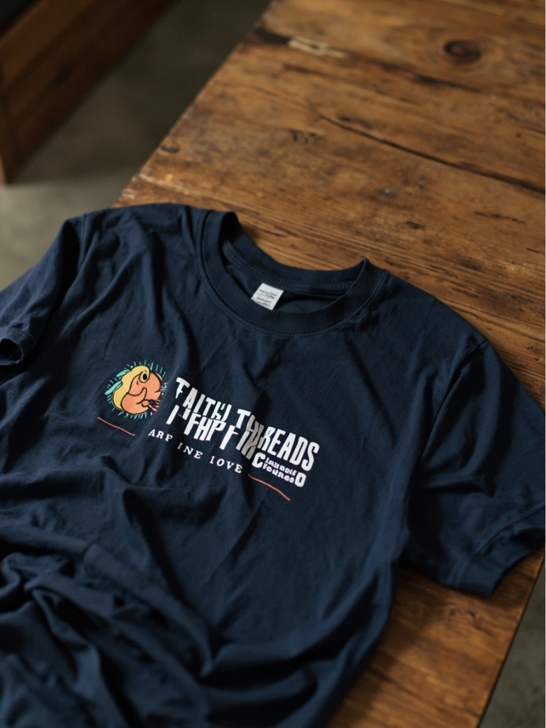 Isaiah 41:10 scripture tee in navy on a wooden bench