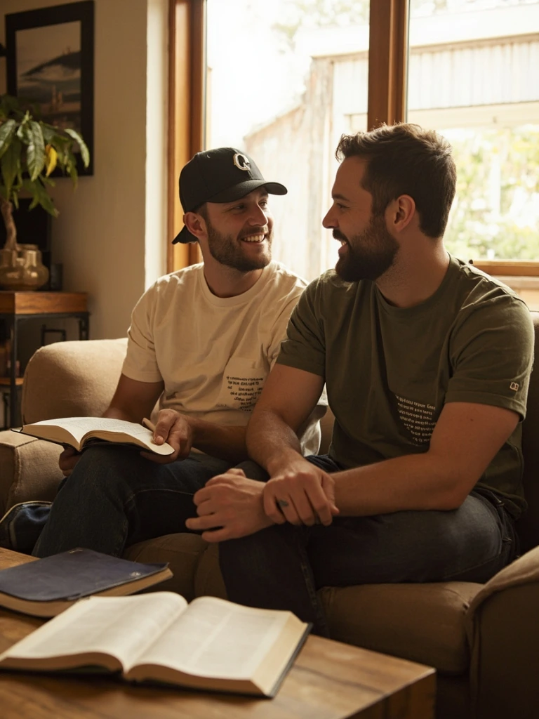 Couple wearing scripture tees at a small group Bible study in their living room