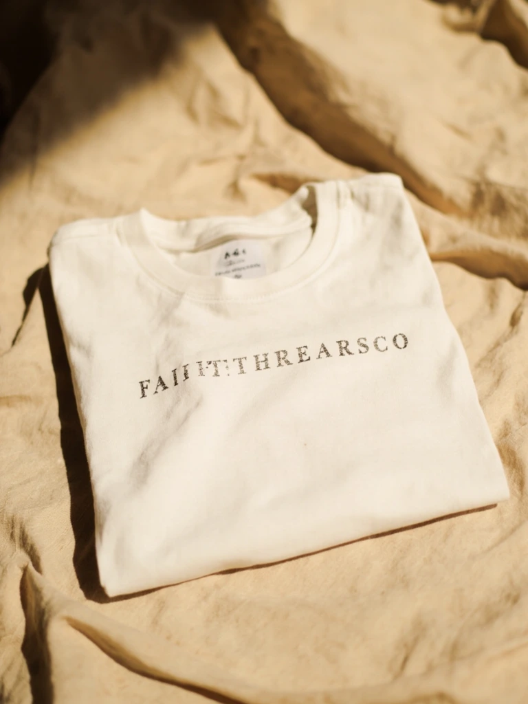 Romans 8:28 scripture tee folded on a linen surface