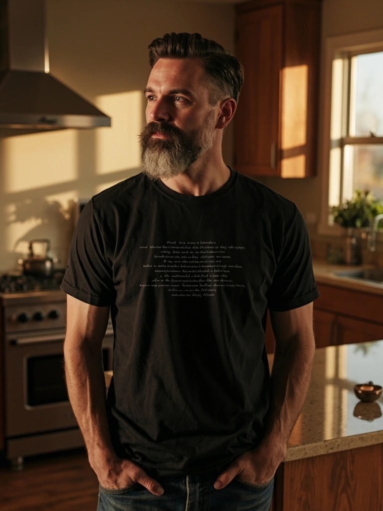 Same scripture tee worn by a man in a sunlit kitchen