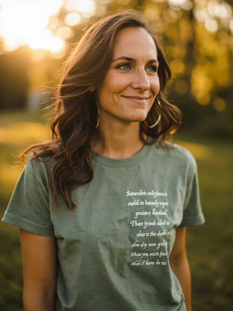 Same scripture tee worn by a woman in golden hour light