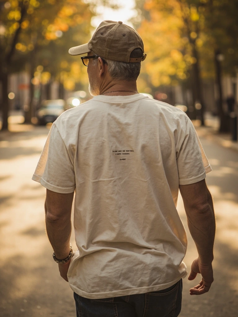 Same scripture tee worn by a man on a tree-lined street